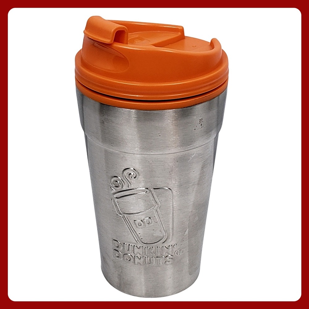 Dunkin Donuts Stainless Steel Travel Tumbler 14oz Orange Lid 2012 Edition LN